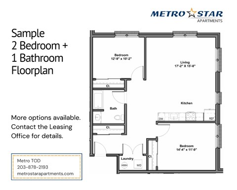 A floor plan for a 2 bedroom plus 1 bathroom apartment from Metro Star Apartments.